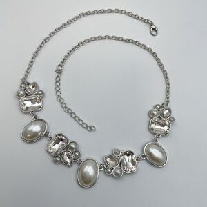 Silver Tone Cabochon Faux Pearl White Glass Rhinestone Bib Collar Necklace